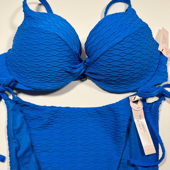 Victoria Secret 32D M TWIST FRONT Push Up Bikini Top Bottom Set Textured Blue - Picture 2 of 7